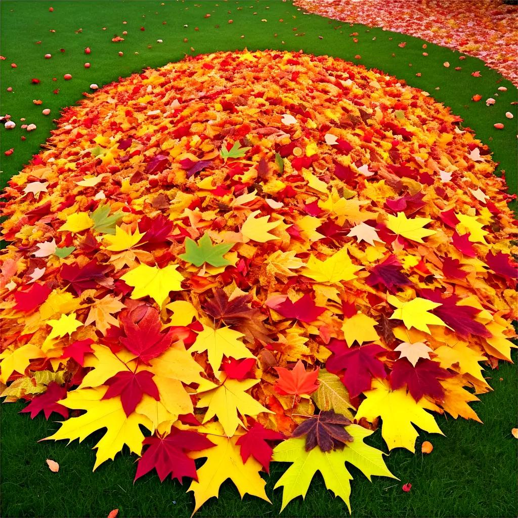 leaf pile sits on the grass with colorful leaves