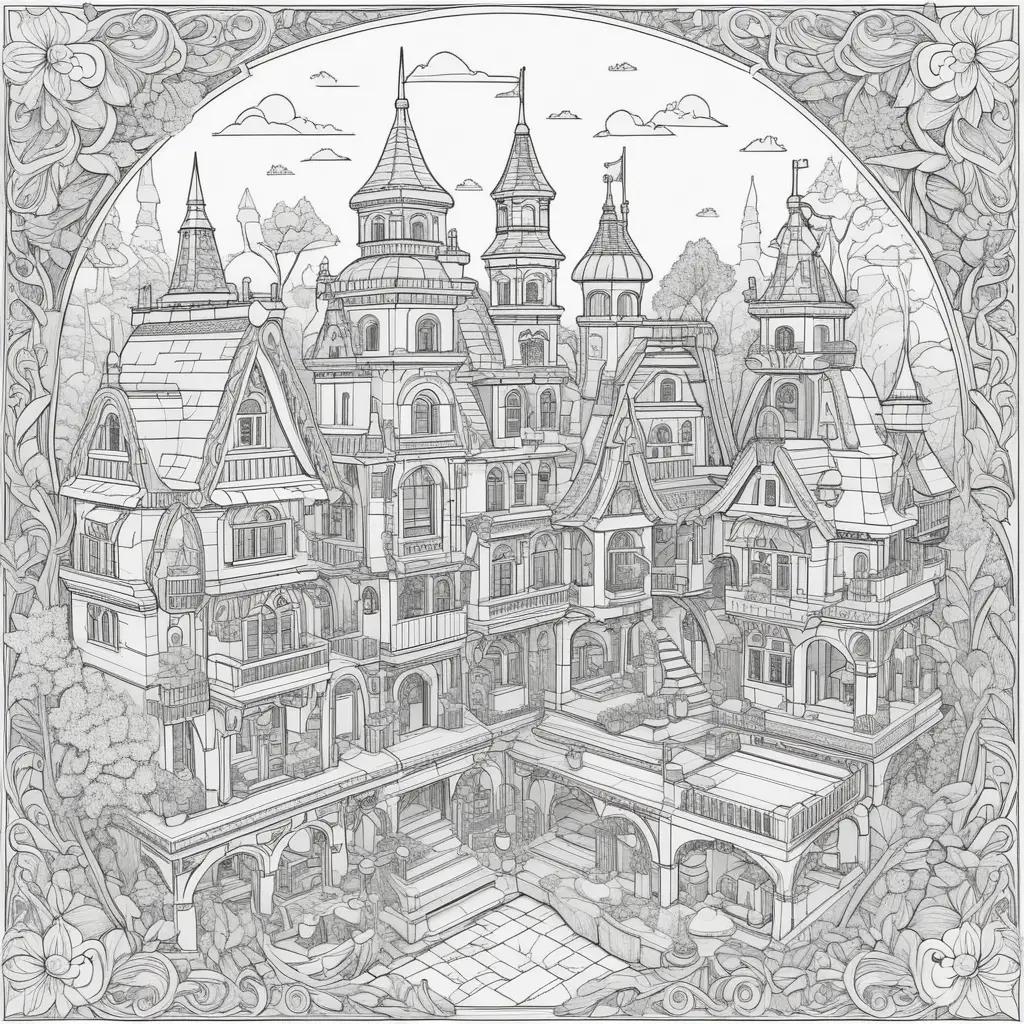 lego coloring page features a castle with multiple towers