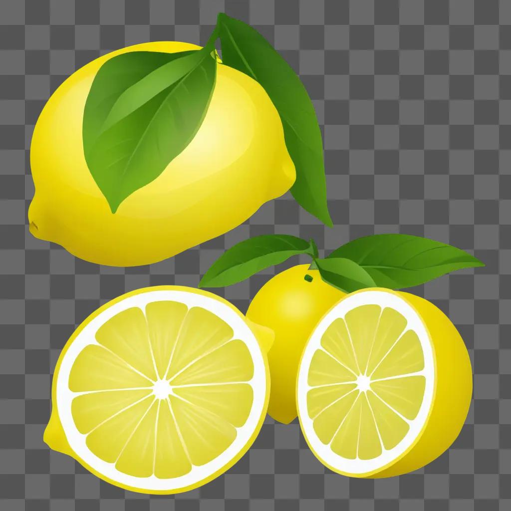 lemon clipart A lemon with leaves and slices of lemon on a green background