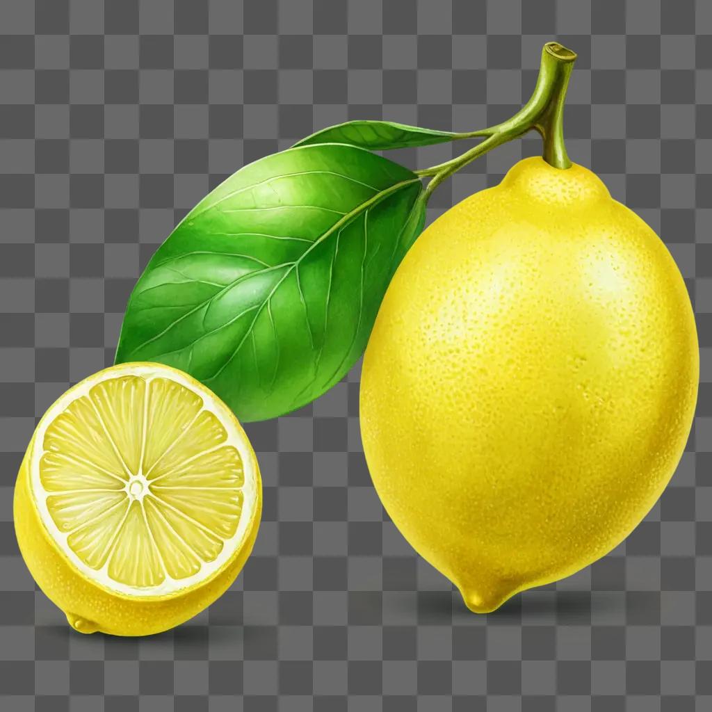 lemon drawing for kids A lemon and its half on a green background