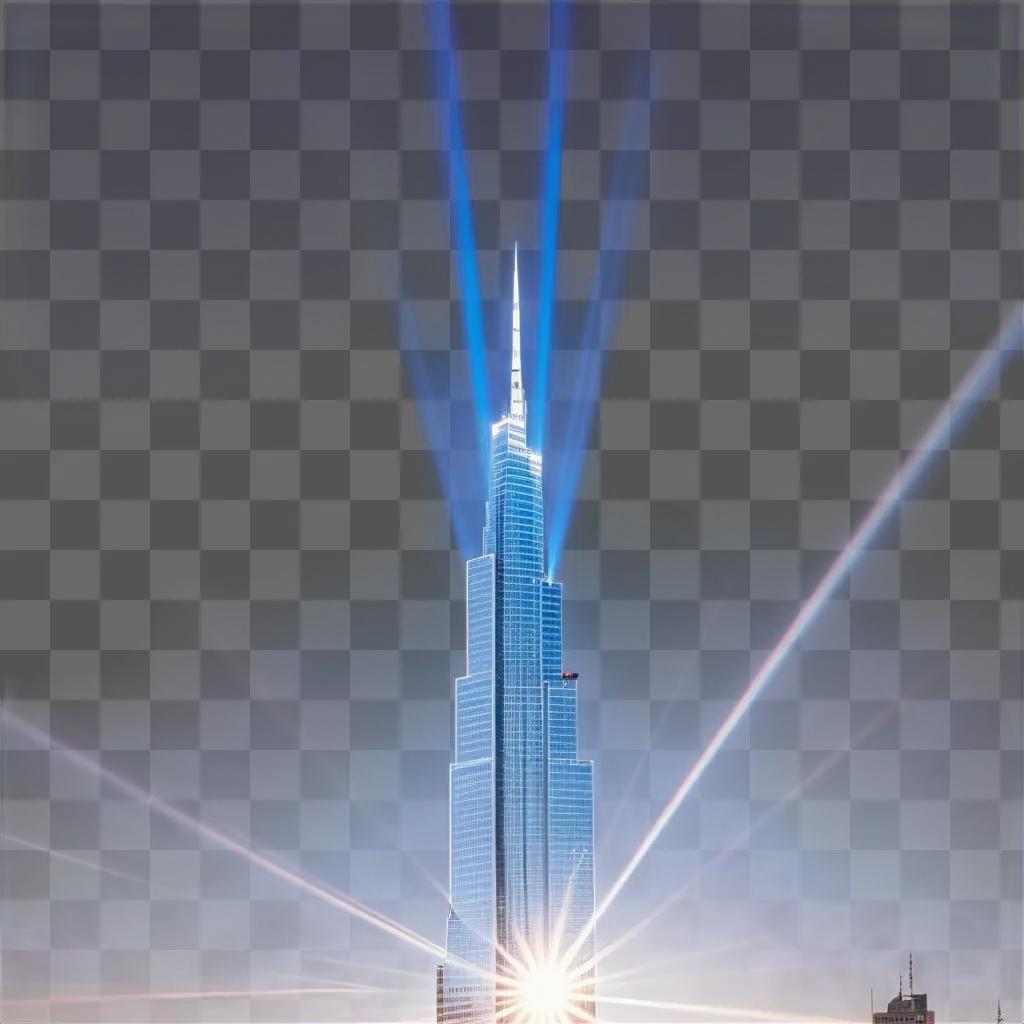 lens flare illuminates the sky above a skyscraper