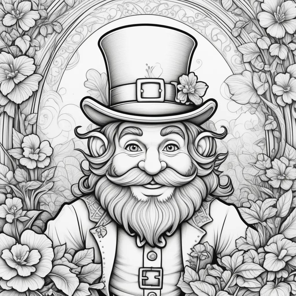 leprechaun coloring page with a flower and a hat