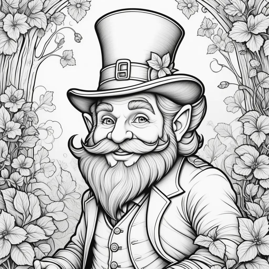 leprechaun coloring page with a top hat and beard