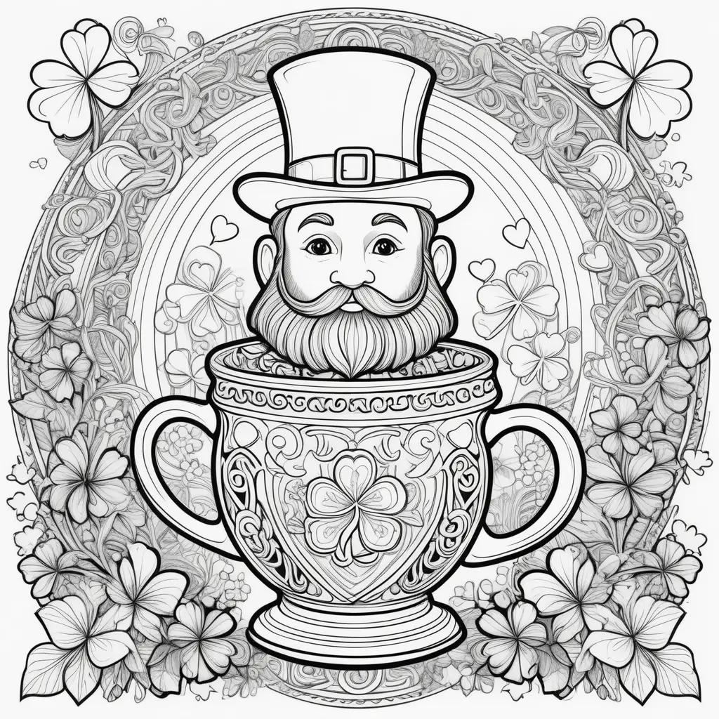 leprechaun hat sits atop a cup in a St. Patricks Day coloring page