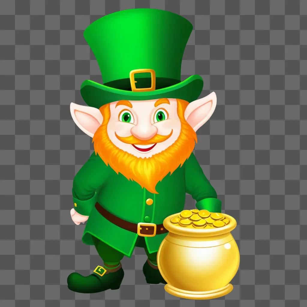 leprechaun in a green hat holds a pot of gold coins