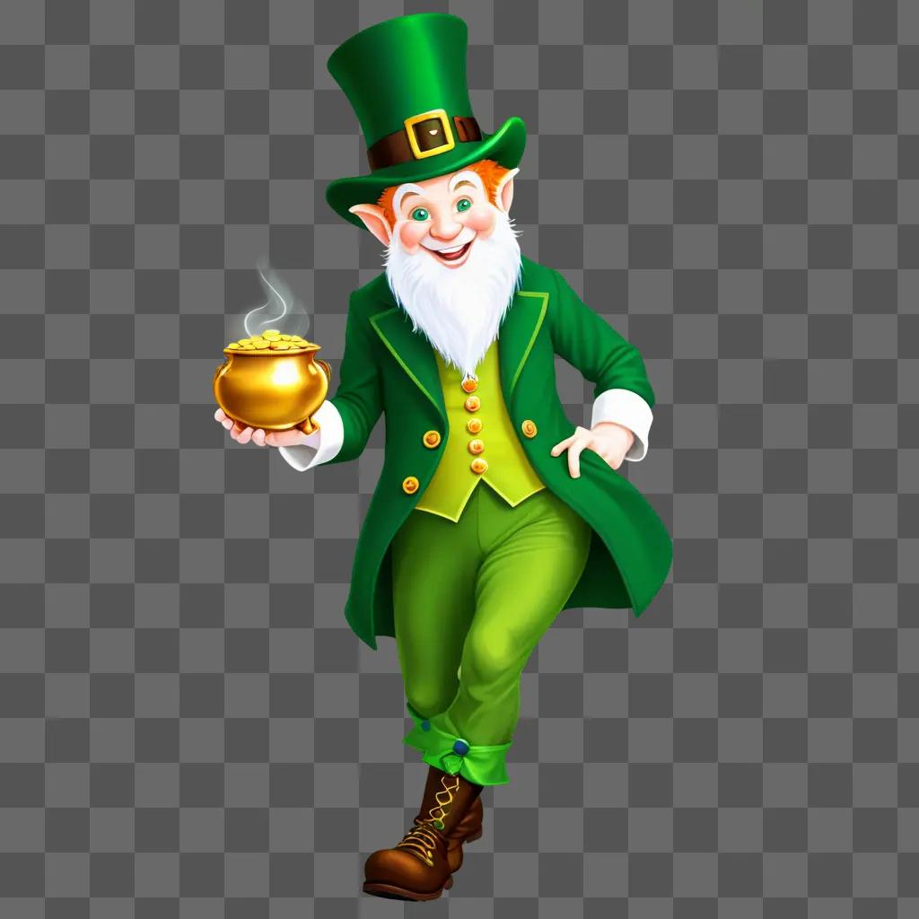 leprechaun in green holding a pot of gold