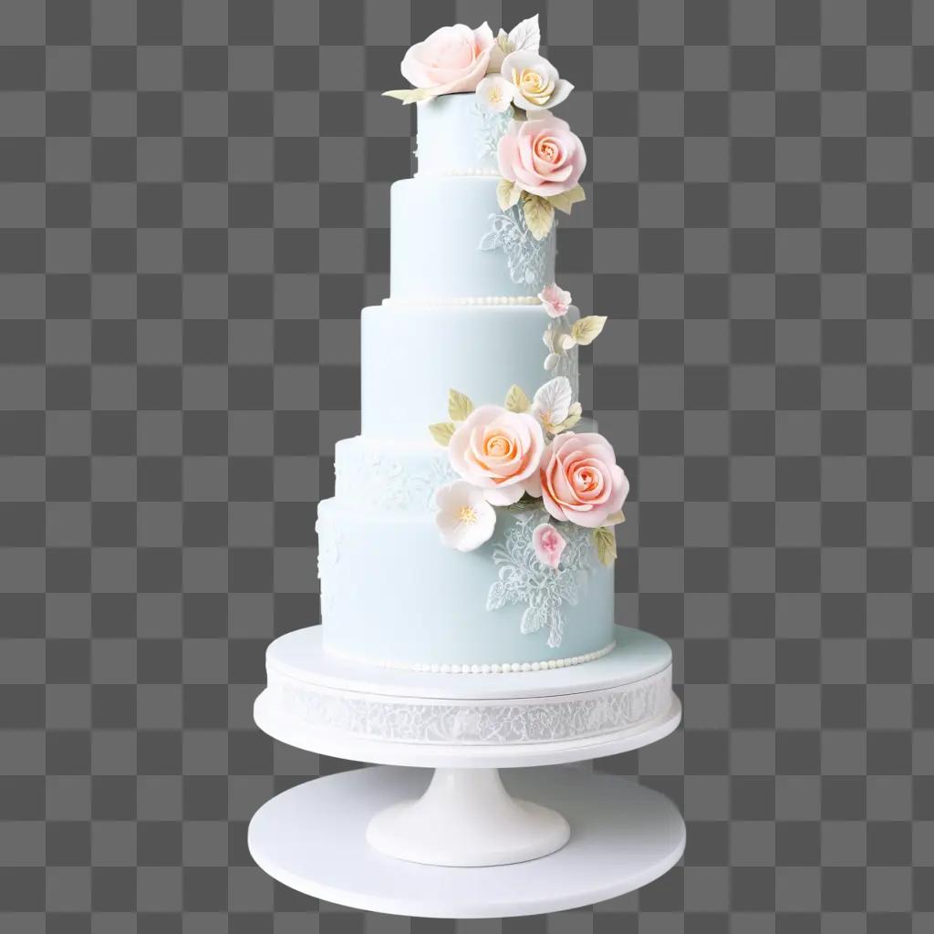 light blue wedding cake with roses and lace