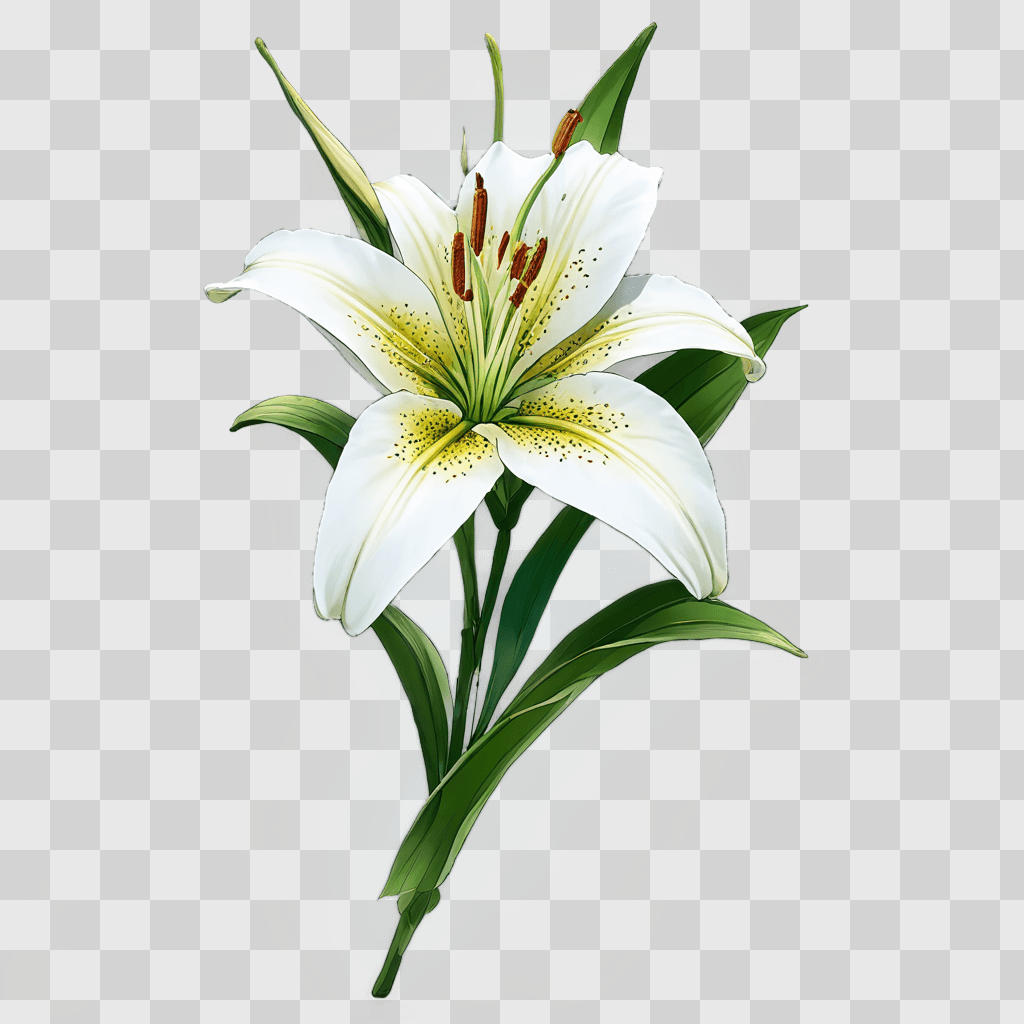 lily flower drawing A single white lily with green leaves