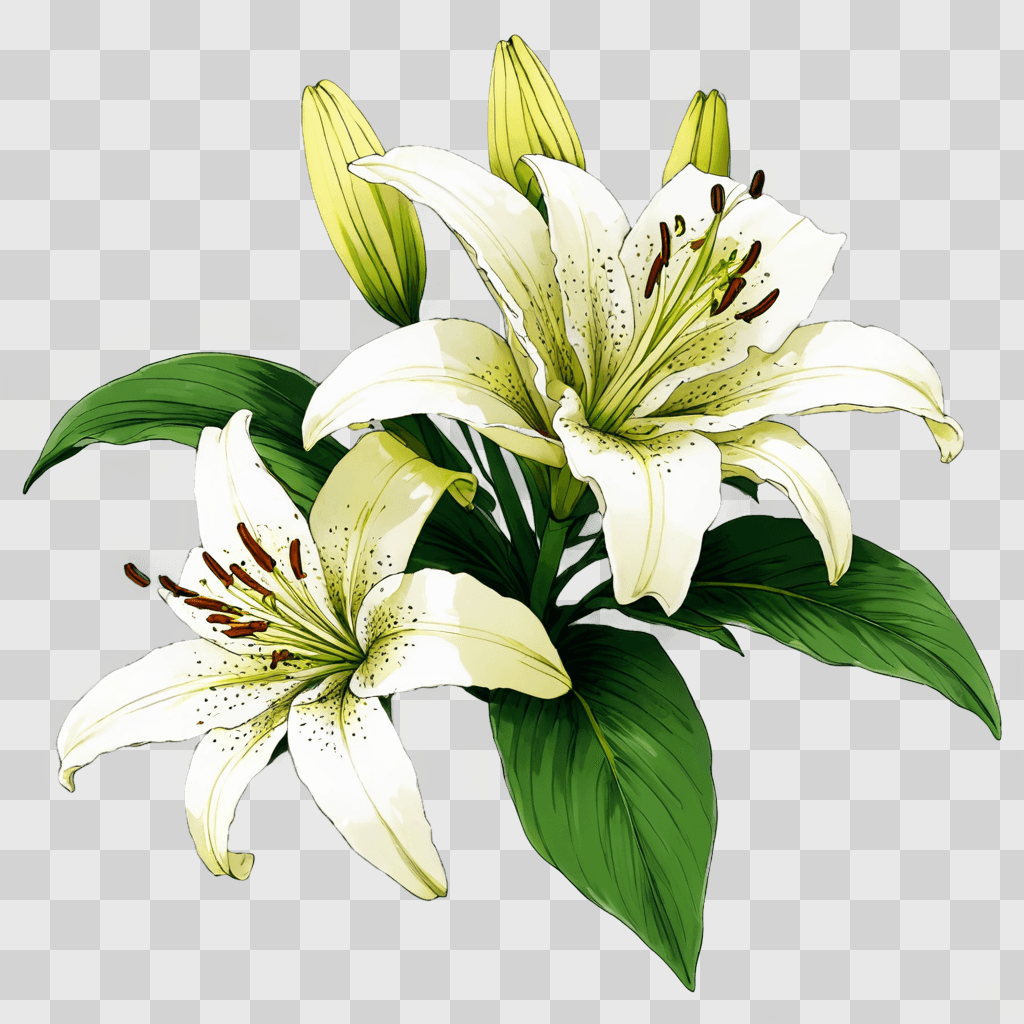 lily flower drawing A white lily with green leaves and stem