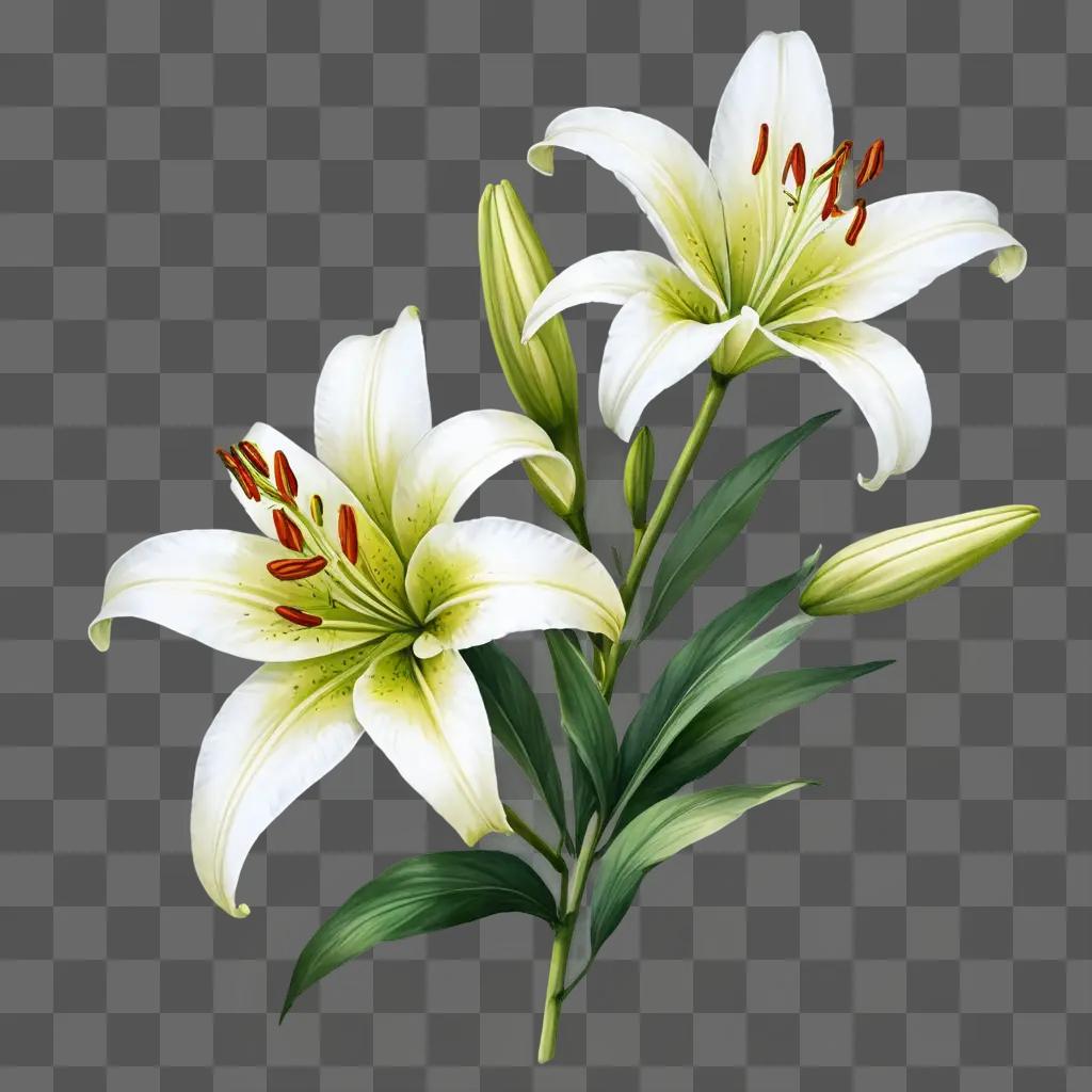 lily flower drawing Two white lilies blooming in a green background