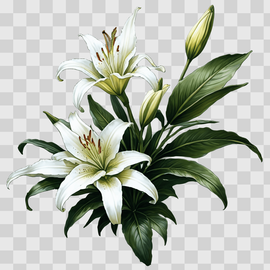 lily flower drawing Two white lilies with green leaves in a painting