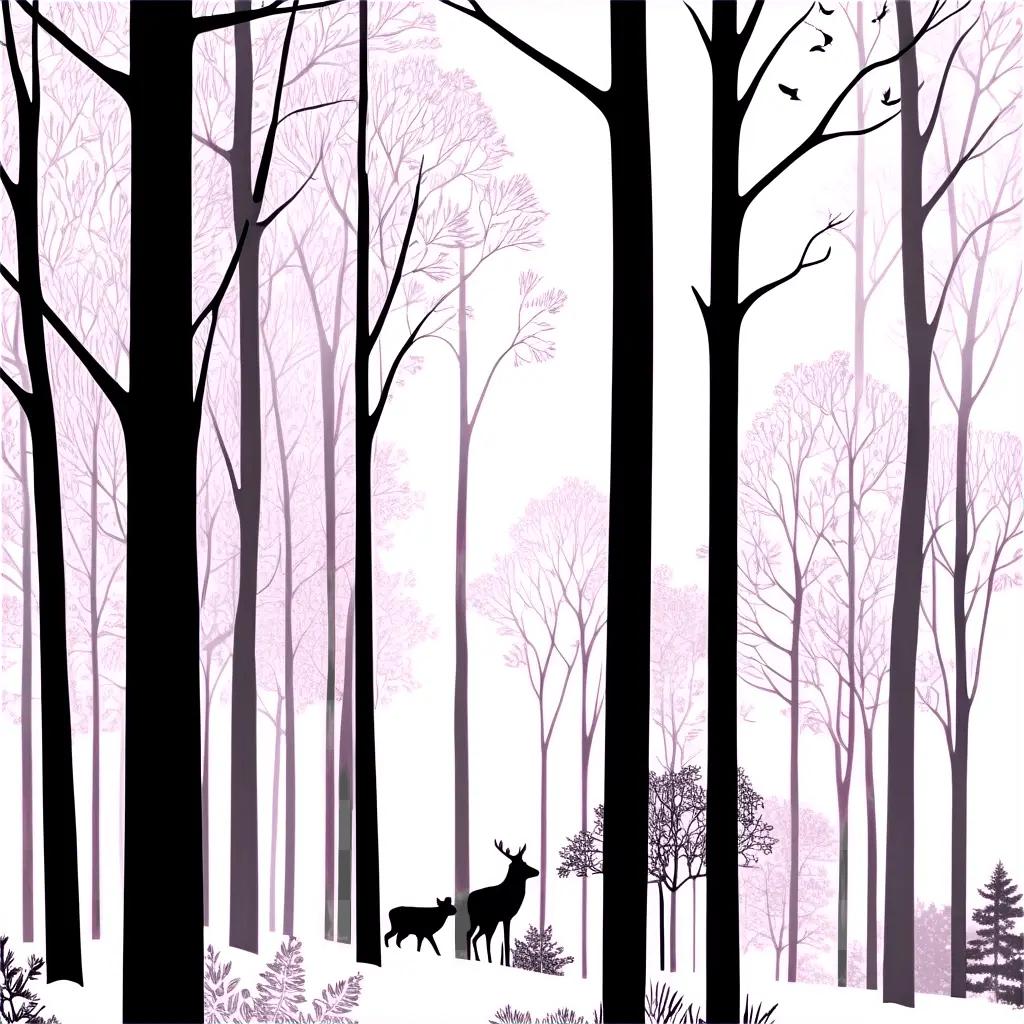 line art illustration of a deer and bird in the forest