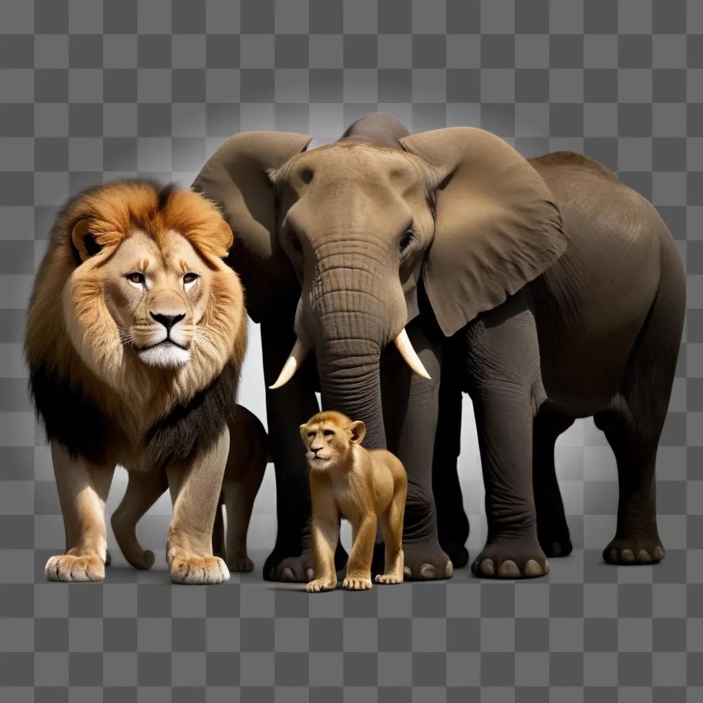 lion, elephant and baby elephant in a group