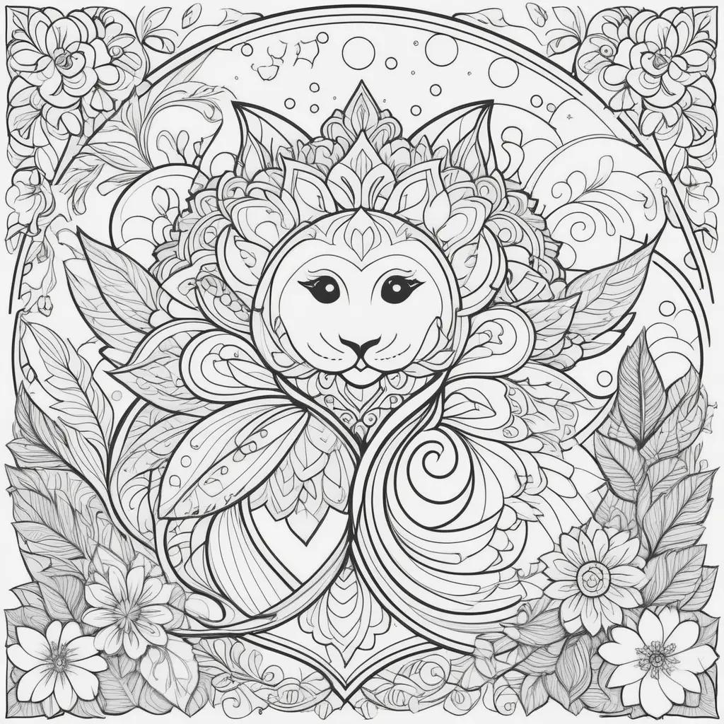 lion coloring page for preschoolers, with a floral background