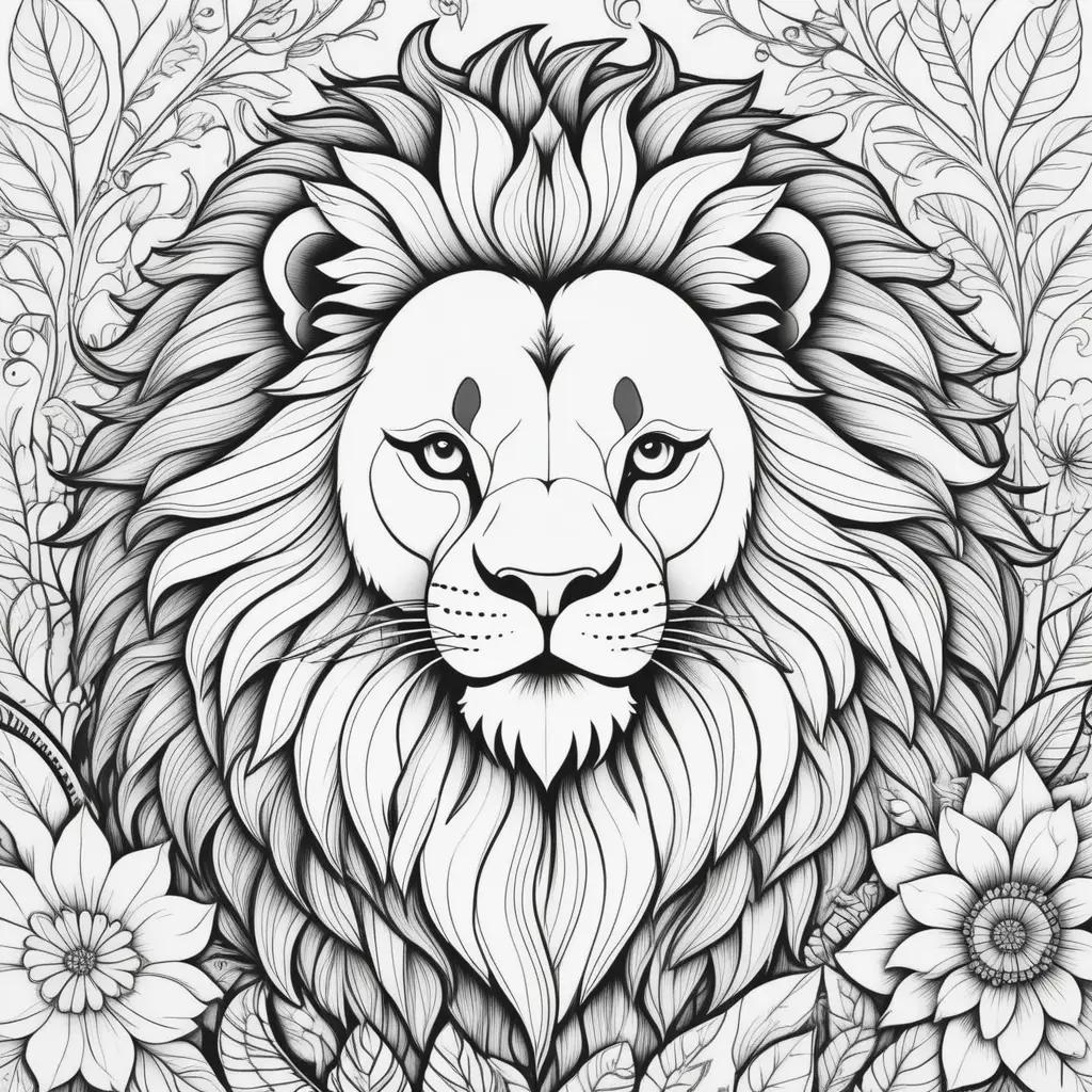 lion coloring page with a black and white drawing of a lion