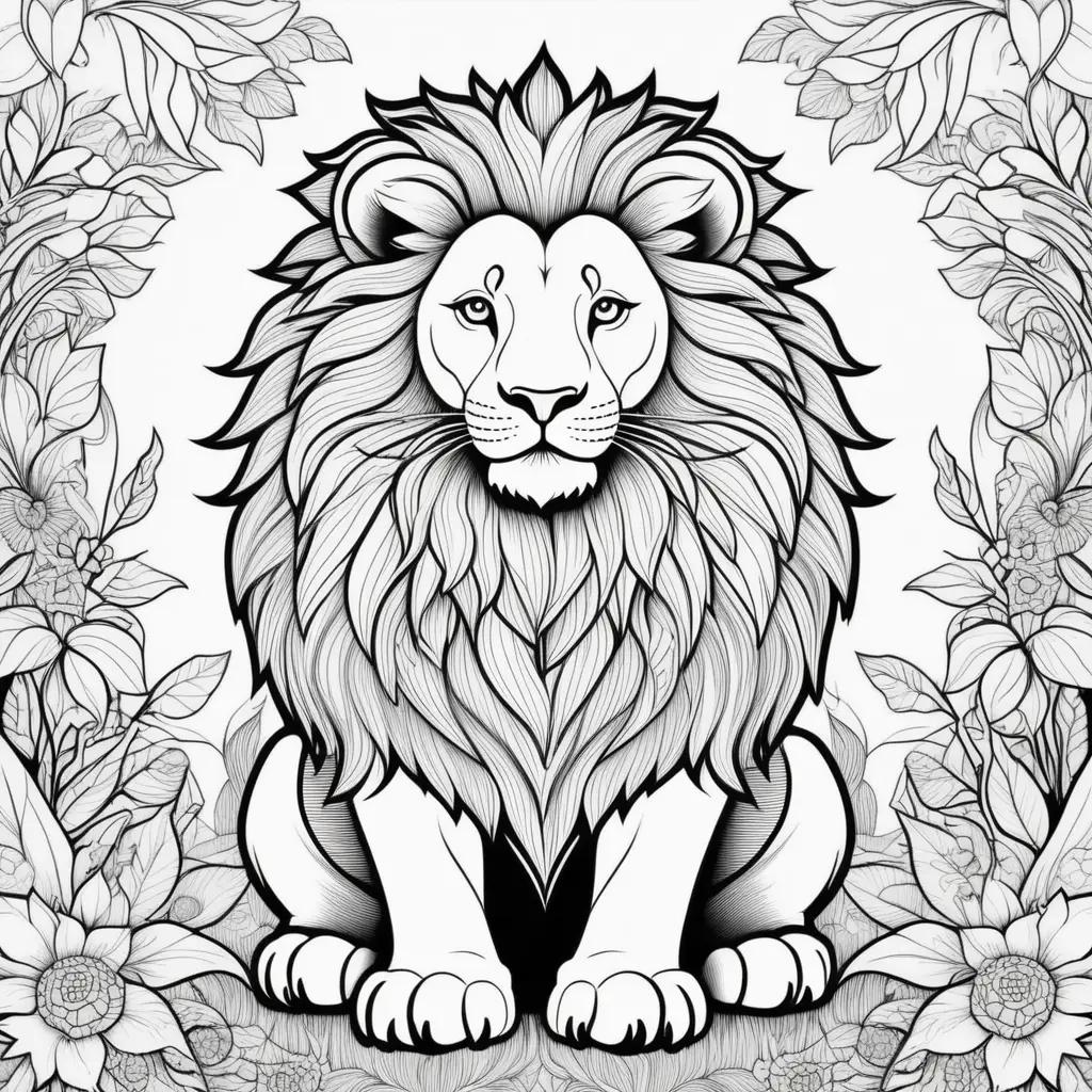 lion coloring page with a flower border