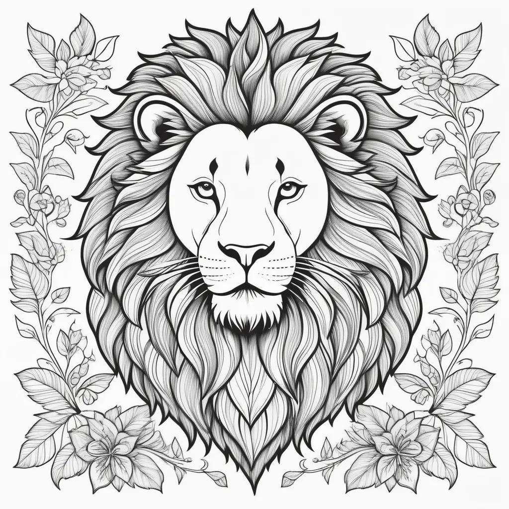 lion coloring page with intricate details and a floral border