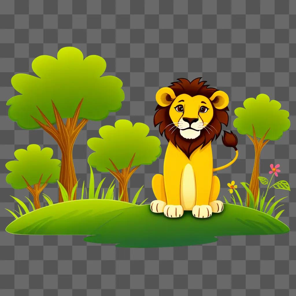 lion drawing for kids shows a cute lion with a green background