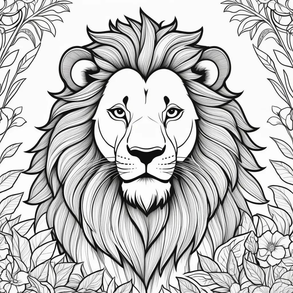 lion king coloring page with a black and white lion and flowers