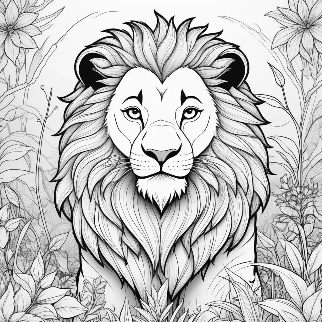 lion king coloring page with a lion in a forest