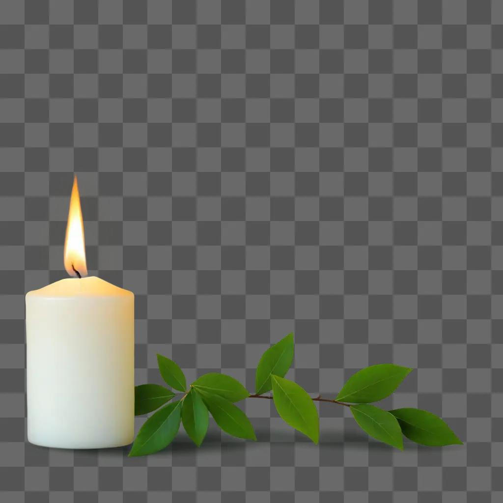 lit candle and leafy branch against a green backdrop