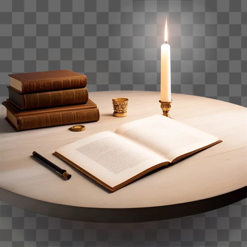 lit candle sits on a table top next to books