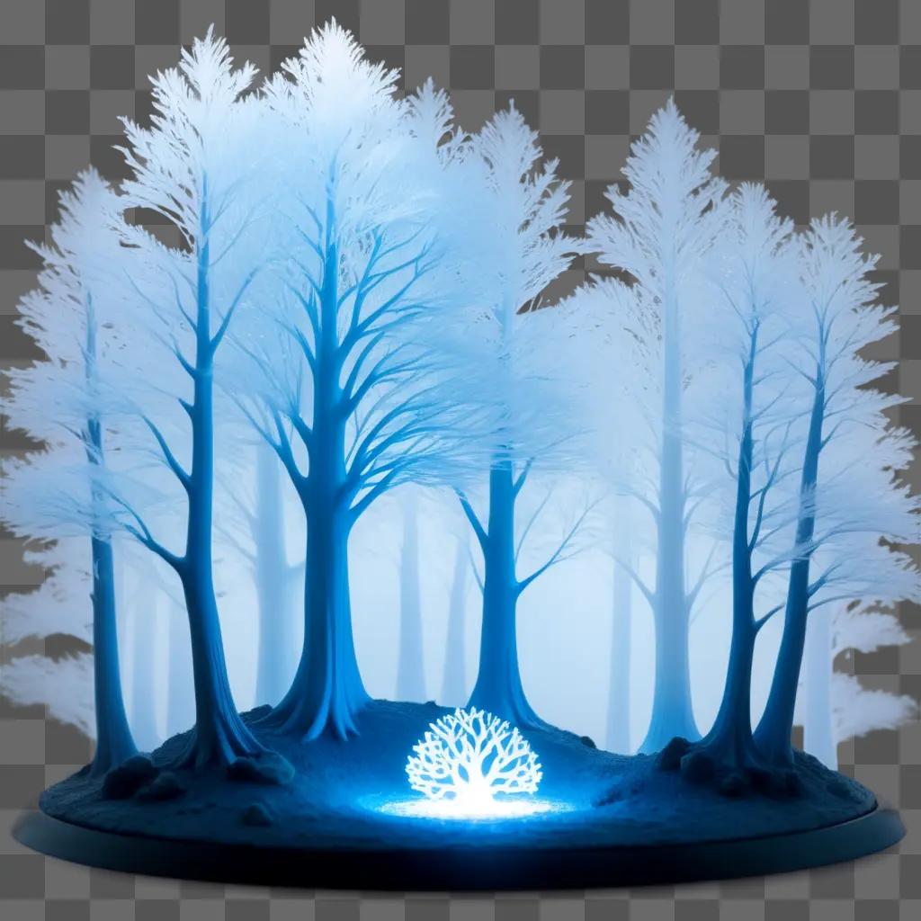 lit tree in a forest with translarent trees