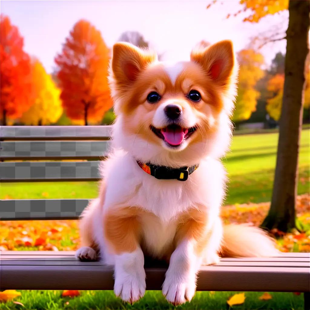 little dog sits on a bench in the park