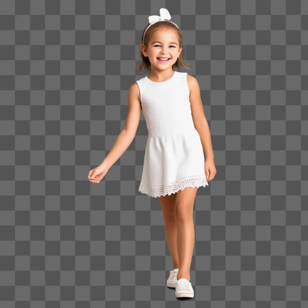 little girl with a white dress and sneakers smiles