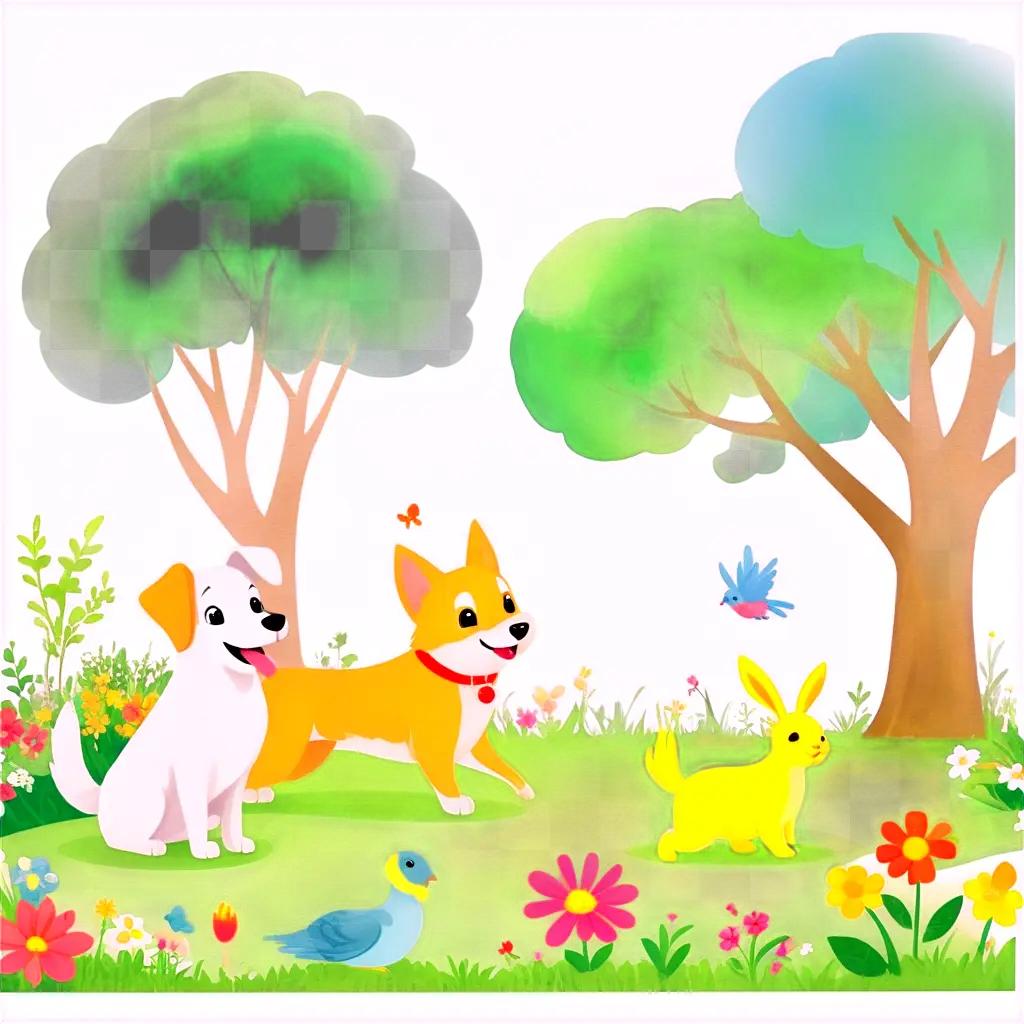 lively outdoor scene with pets and trees