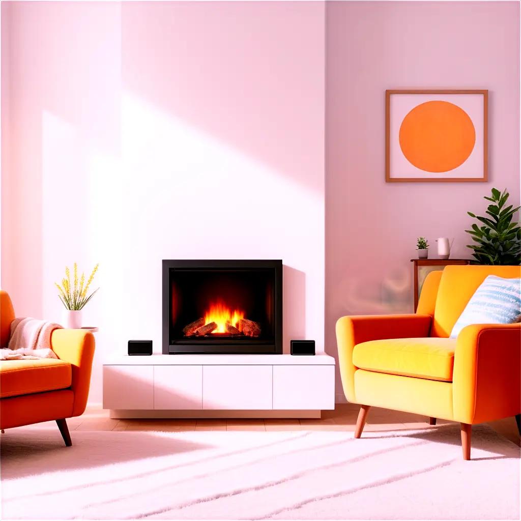 living room with a fireplace and two orange armchairs