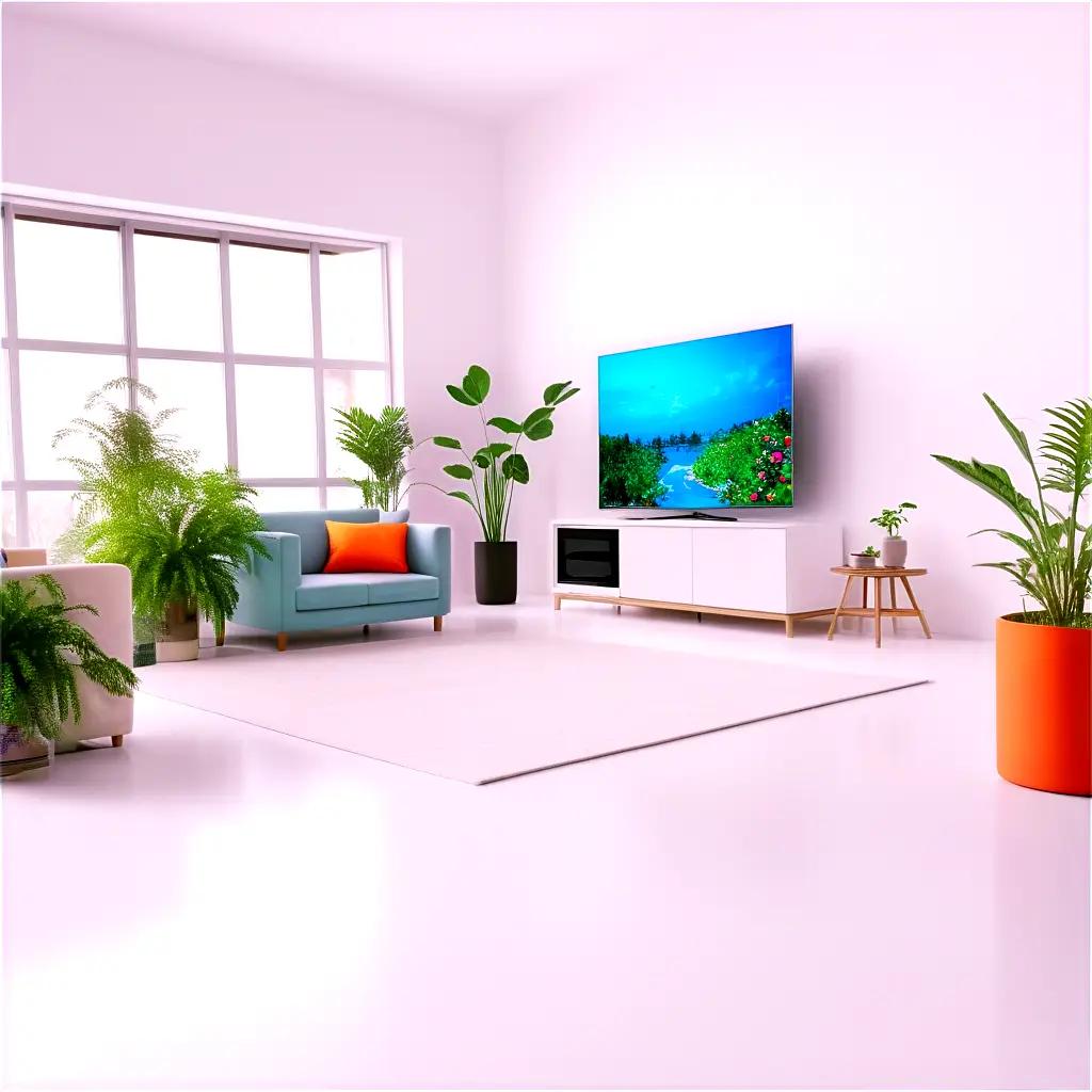 living room with a transparent tv and potted plants