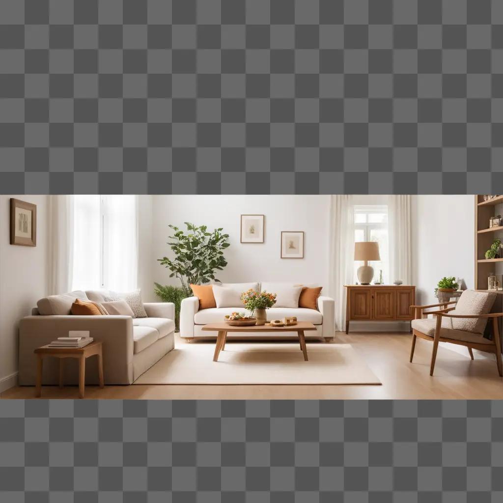 living room with a white couch, coffee table and potted plants