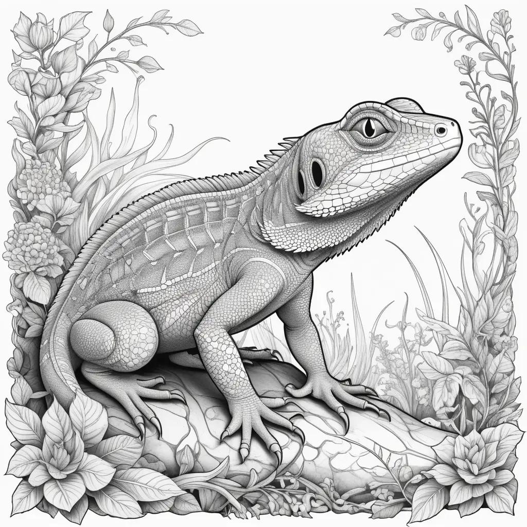 lizard coloring page with a black and white sketch