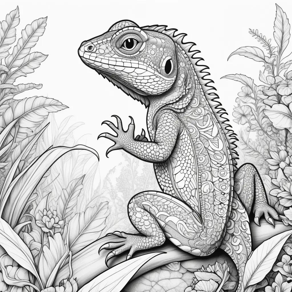 lizard coloring page with a forest setting and intricate patterns