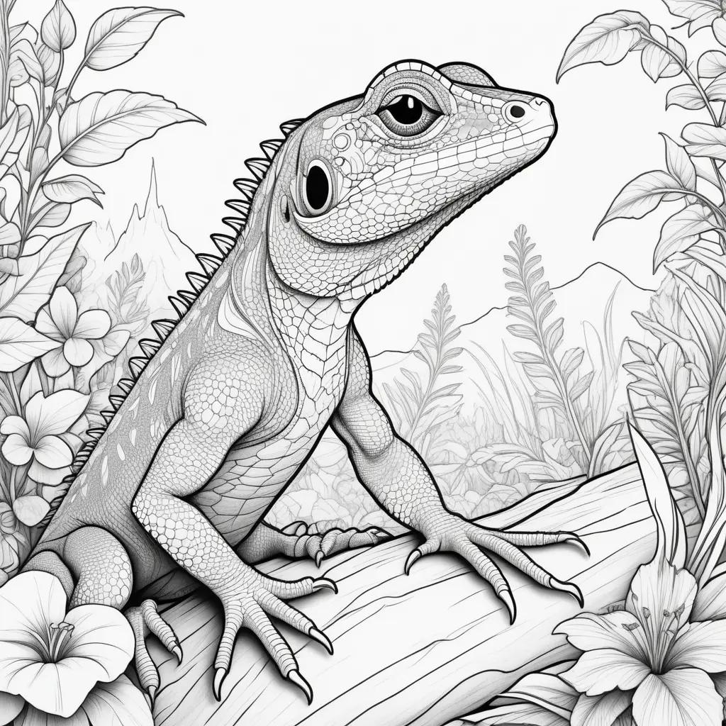 lizard coloring page with flowers and leaves