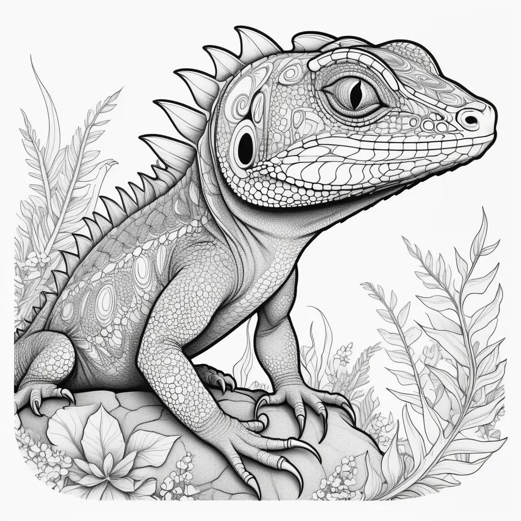 lizard coloring page with intricate patterns and a black and white color scheme