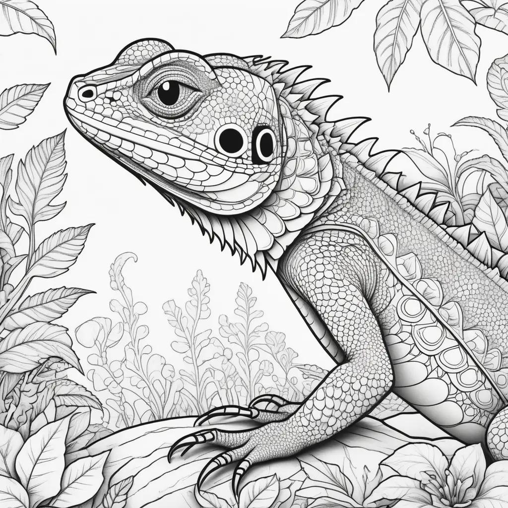 lizard coloring page with leaves in the background