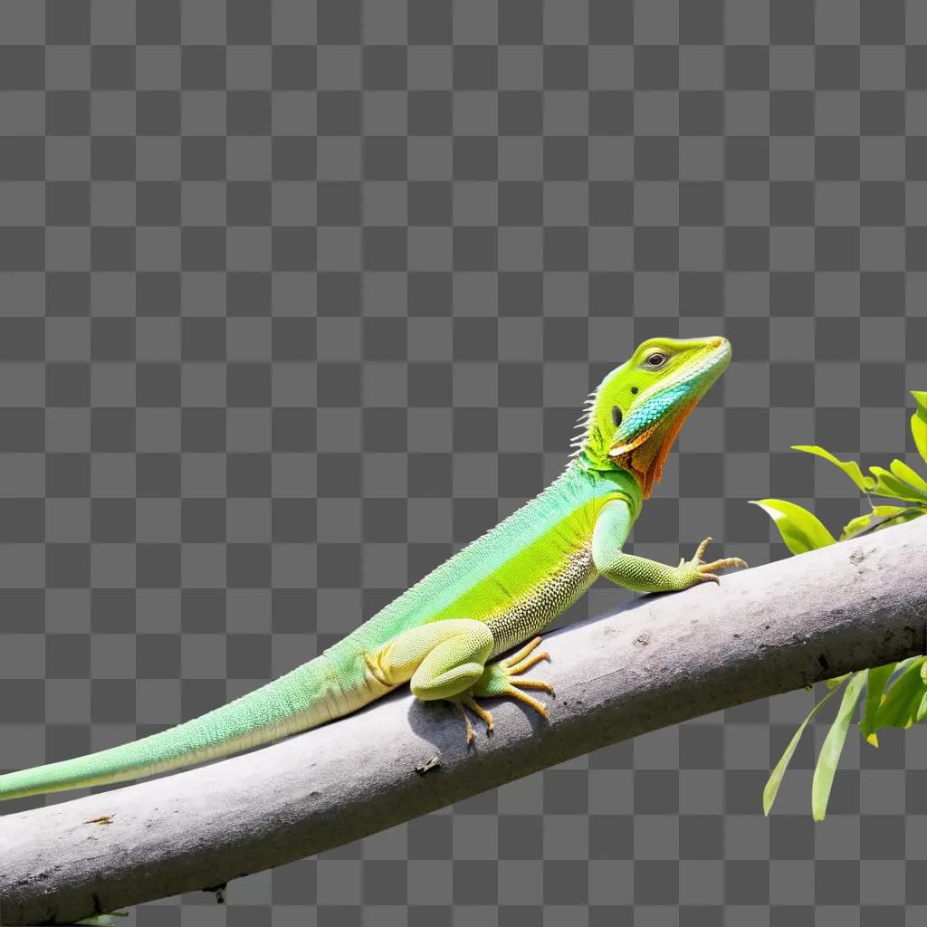 lizard rests on a branch with green leaves