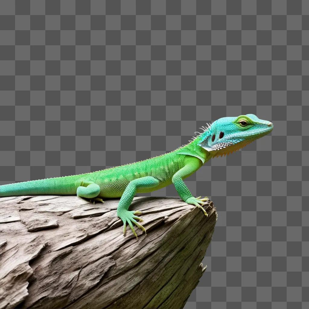 lizard sits on a log against a green backdrop