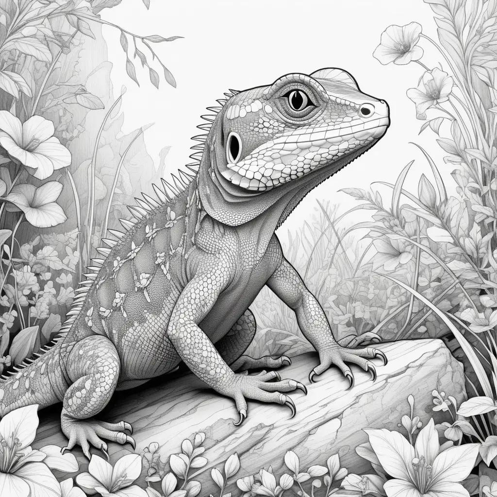 lizard sits on a log in a black and white illustration