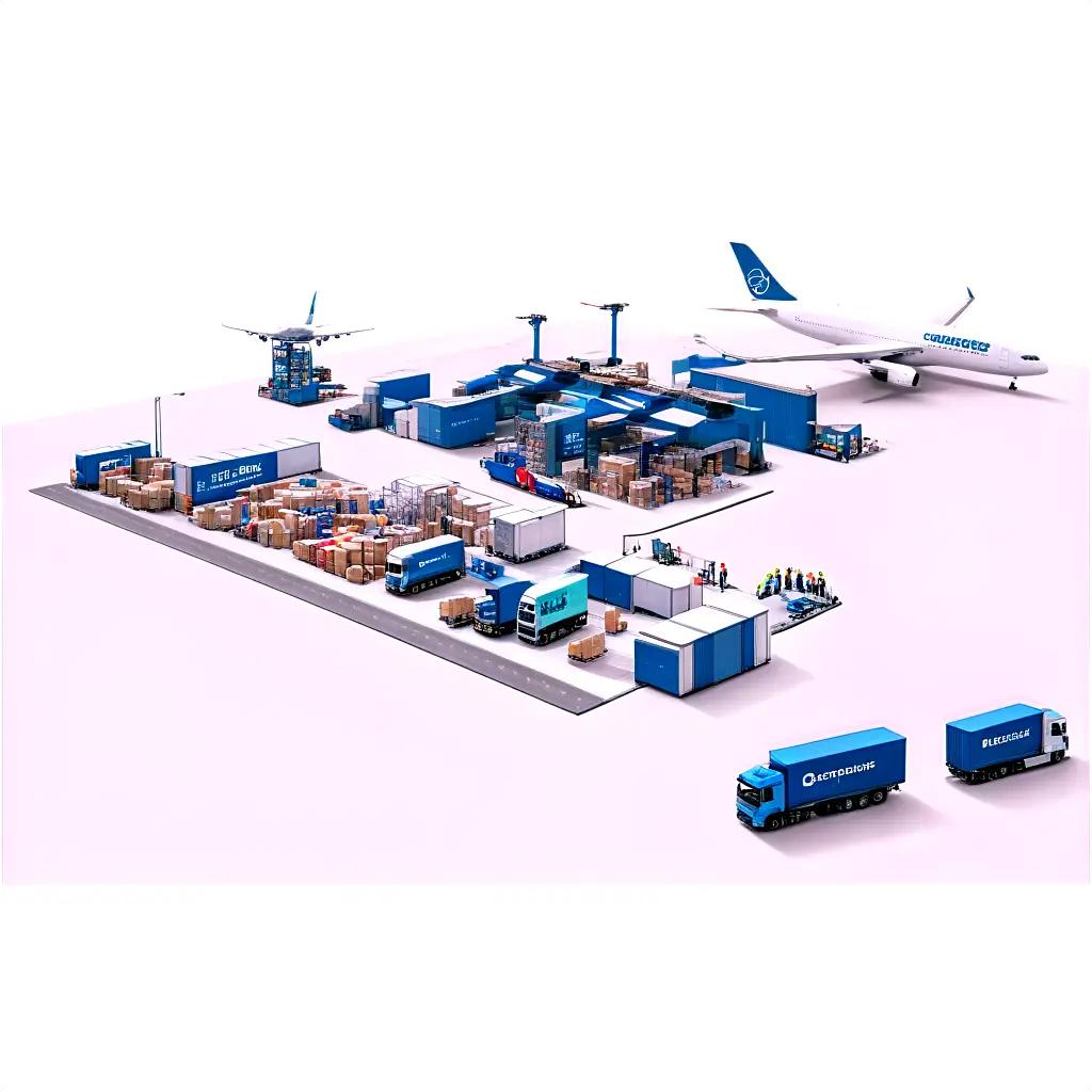 logistics hub with a plane and trucks