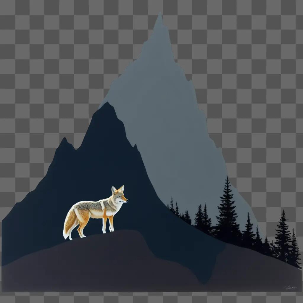 lone coyote standing on a mountain drawing