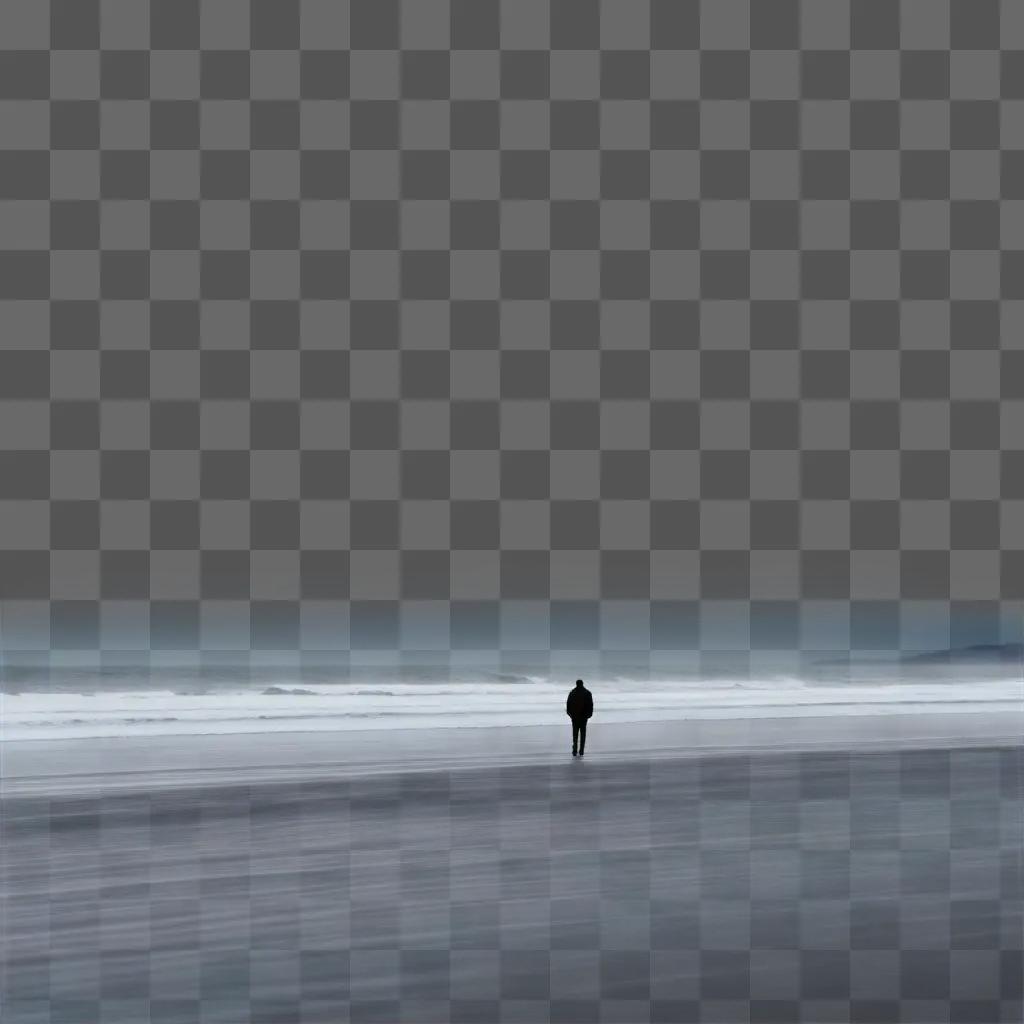 lone figure stands on a beach, watching the waves crash