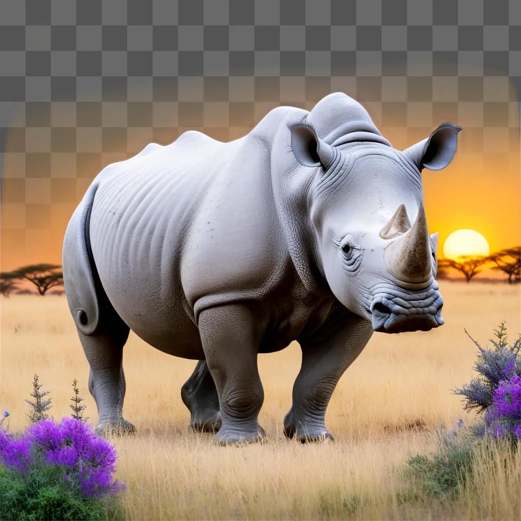 lone rhino with a sunset in the background