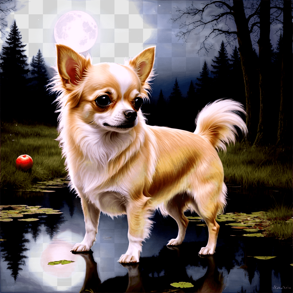 long haired apple head chihuahua A chihuahua stands in the water with a moon and apple in the background