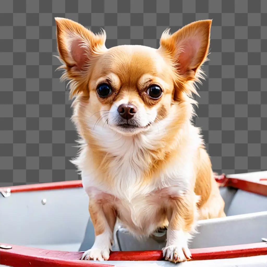 long haired apple head chihuahua A cute chihuahua dog sitting in a boat