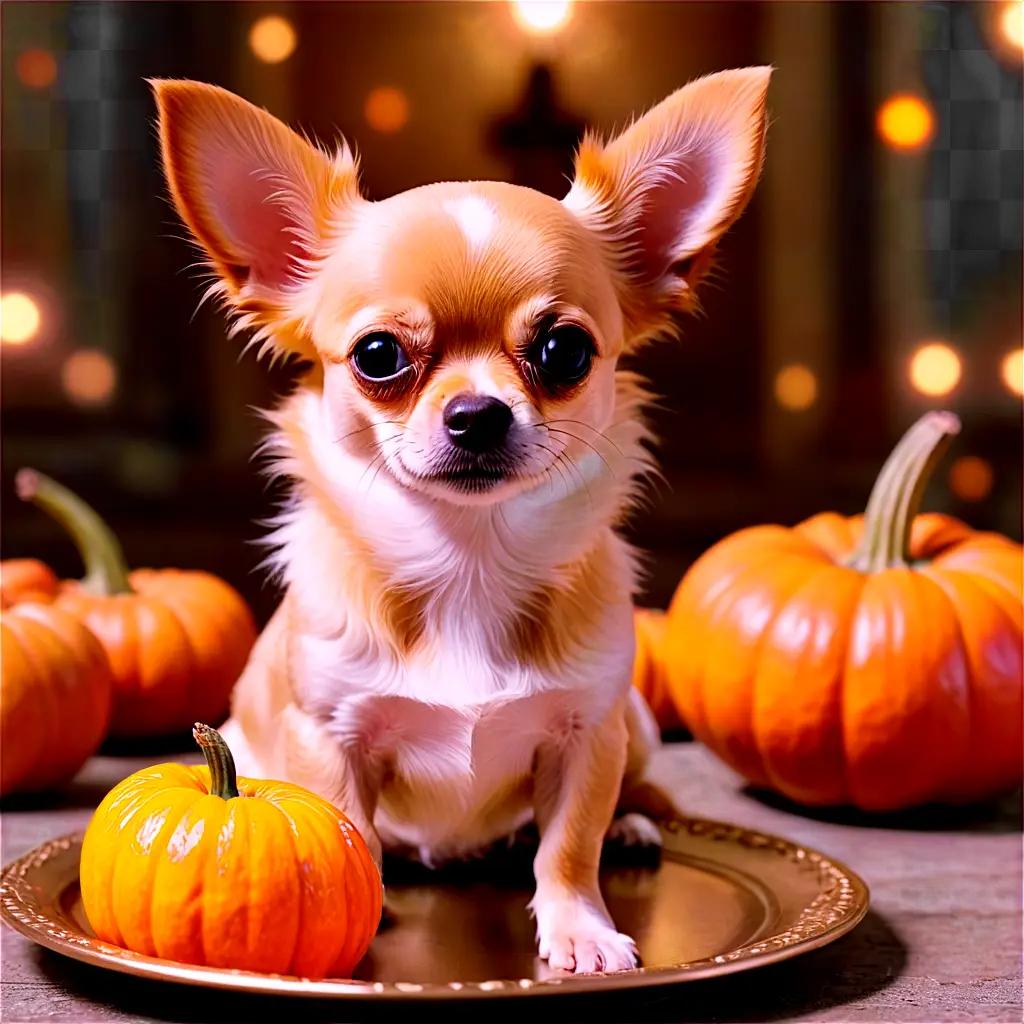 long haired apple head chihuahua A small dog sits on a plate with pumpkins