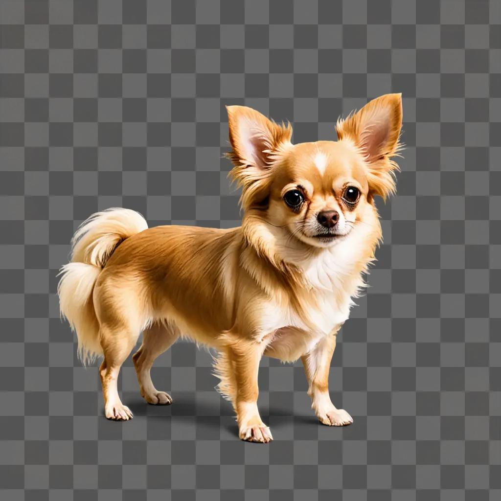 long haired apple head chihuahua A tan dog stands on a brown surface