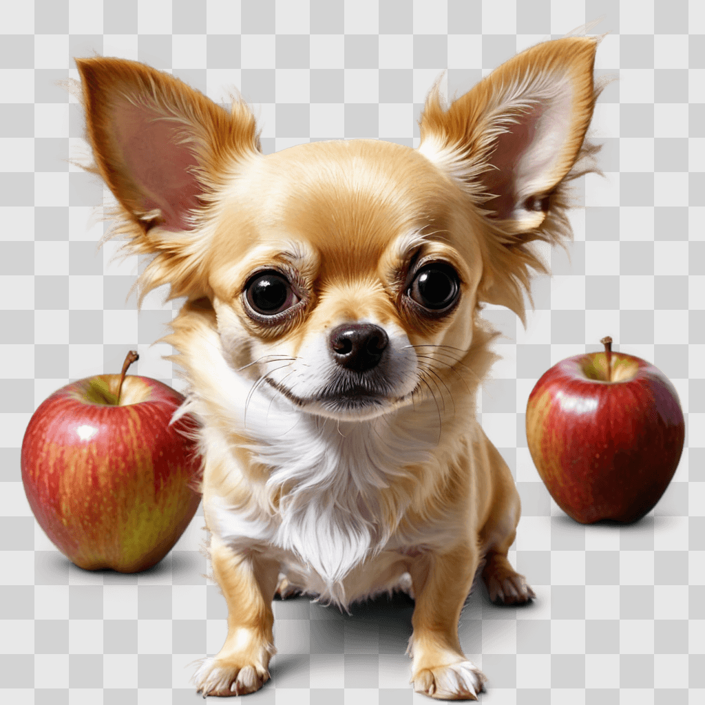 long haired apple head chihuahua A tan dog with large ears and two apples